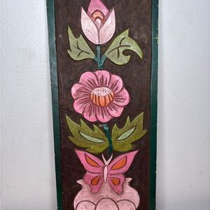 Floral Carved Wall Decor with Pink and Green